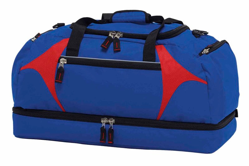 Spliced Zenith Sports Bag in Blue/Red, 55L, with durable material, U-shaped opening, and multiple zippered compartments.