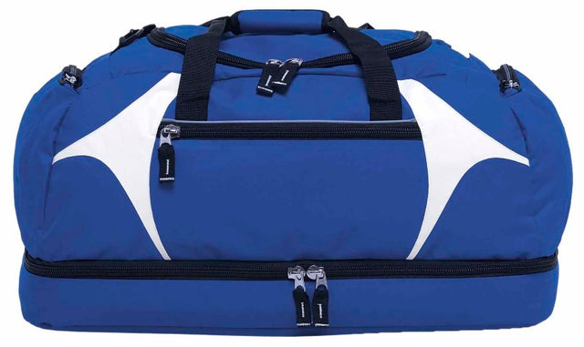 Spliced Zenith Sports Bag in blue and white, featuring a spacious compartment, multiple pockets, and durable construction.