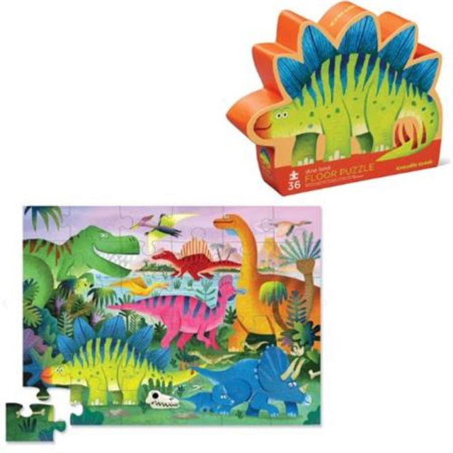 Colorful 36-piece Dino Land floor puzzle designed for young dino enthusiasts, featuring jumbo pieces for easy handling.