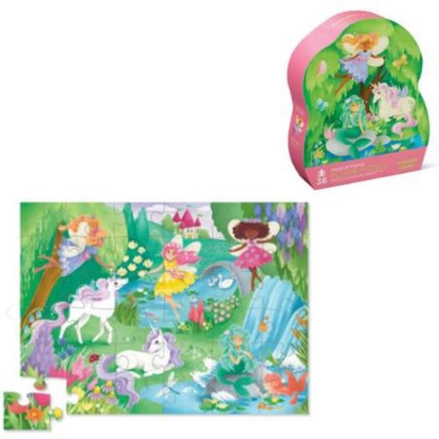 Colorful 36-piece puzzle featuring unicorns and fairies, designed for toddlers, enhances motor skills and creativity.