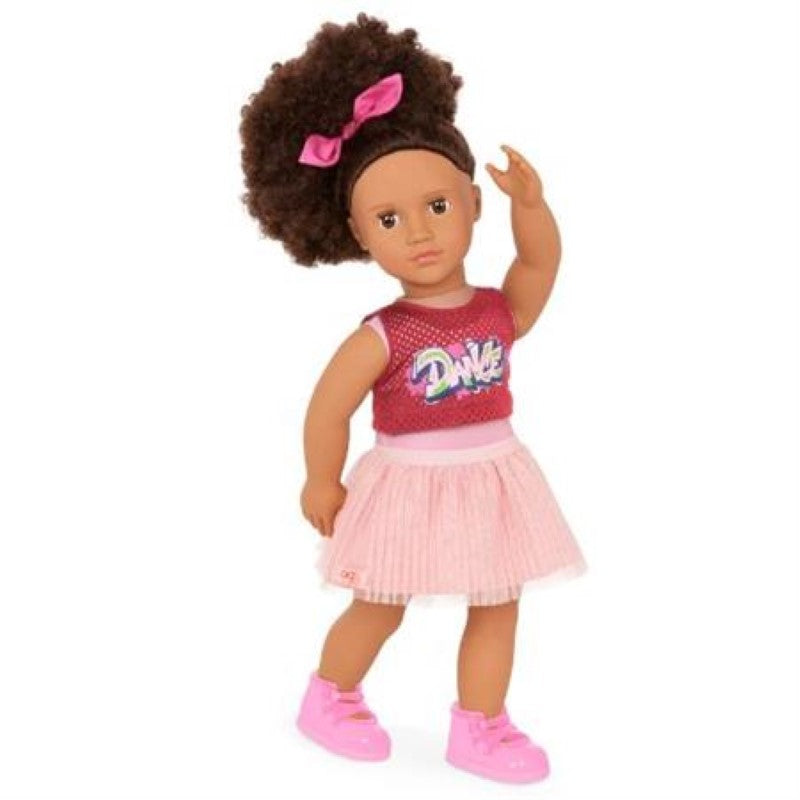 18-inch Our Generation doll Catalina in hip hop ballerina outfit with bodysuit, skirt, top, shoes, and hair bow.