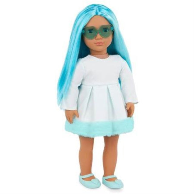 18-inch Our Generation doll Capri with vibrant multi-coloured hair, trendy outfit, sunglasses, and stylish shoes for imaginative play.