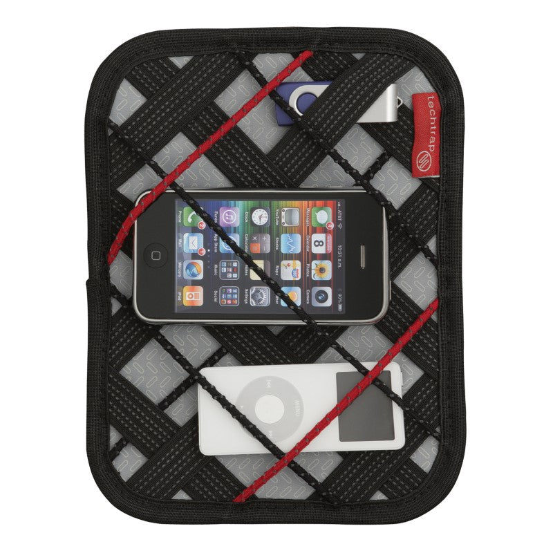Compact tech organizer with zippered compartment for phone, cables, and USB sticks, perfect for travel and storage.