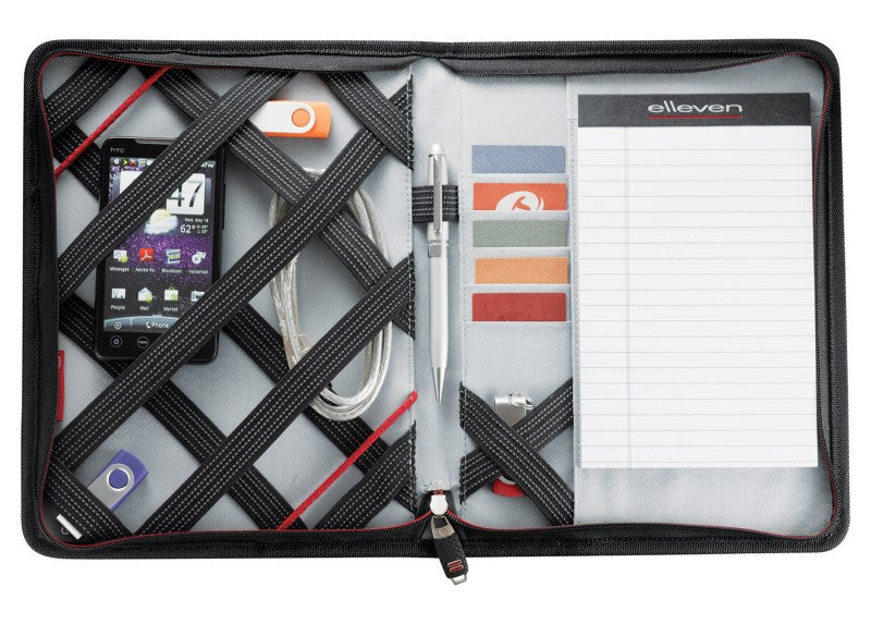 Sleek Elleven iPad Cover in durable nylon, featuring zippered pocket, organizer, and lined writing pad for professionals.