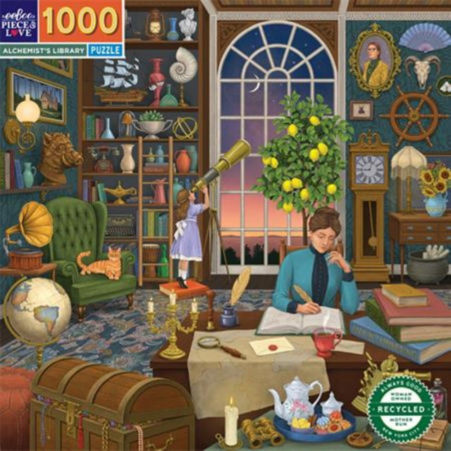 Intricately designed 1000-piece jigsaw puzzle featuring exotic books and curiosities in an alchemical library setting.