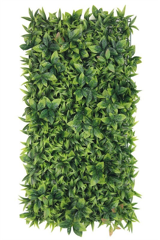 Lush green leaf wall panel enhances decor with vibrant, UV-resistant foliage for indoor and outdoor spaces.