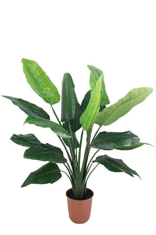 Lifelike 135cm tall artificial Bird of Paradise Plant with vibrant, glossy green leaves for a tropical decor touch.