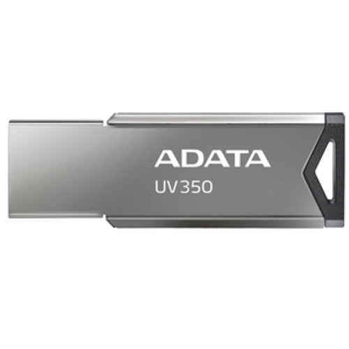 ADATA UV350 USB 3.2 64GB Flash Drive in sleek silver, featuring capless design, fast 100MB/s speeds, and durable metal construction.