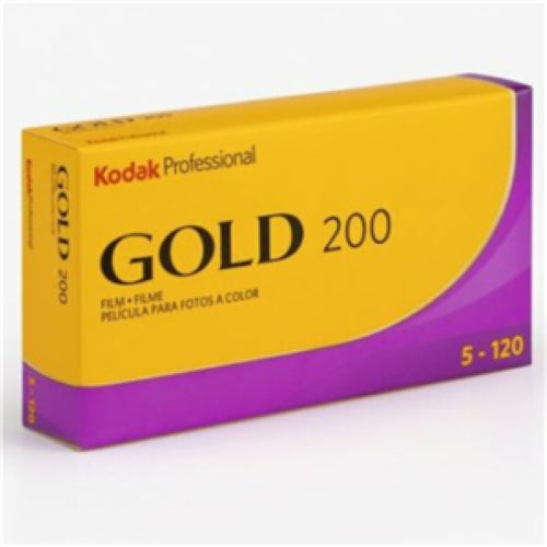 Kodak Gold 200 ISO 120 5 Pack, featuring five rolls of color film for vibrant medium format photography.