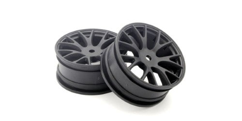 Kyosho 1/10 scale 7-spoke wheels in black, 24mm width, designed for optimal traction and enhanced performance in RC cars.