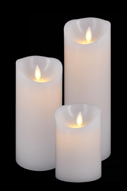 Set of 3 Real Wax LED Candles with moving flames, perfect for safe ambient lighting; includes remote control, various sizes.