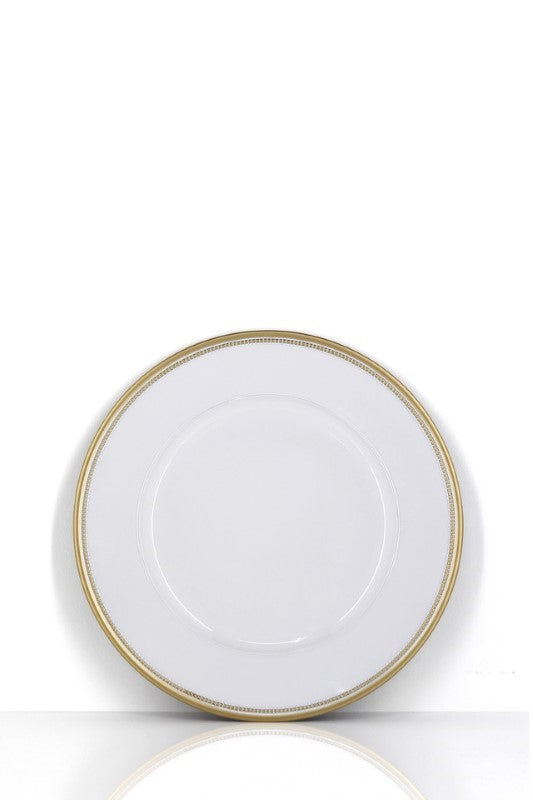 Gloss metallic rim charger plates set of 24 in white, perfect for elegant dining and events, measuring 33cm in diameter.