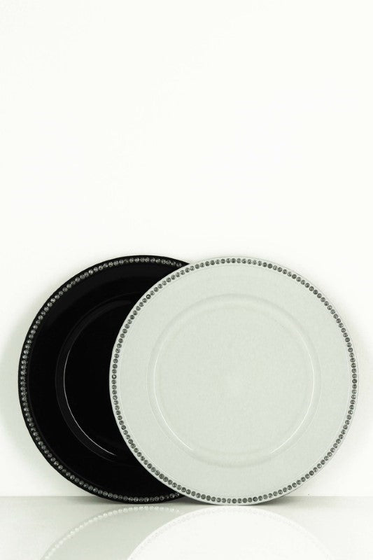 Gloss charger plates set of 24 with 144 diamante accents, 33 cm diameter, enhancing elegance for any dining occasion.