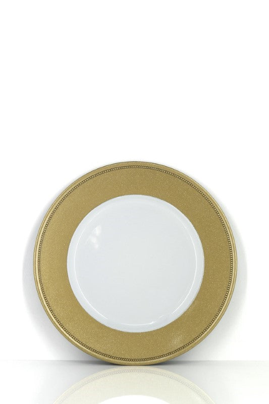 Set of 24 glitter gold rim charger plates, 33cm, durable plastic, perfect for elegant table settings and special occasions.