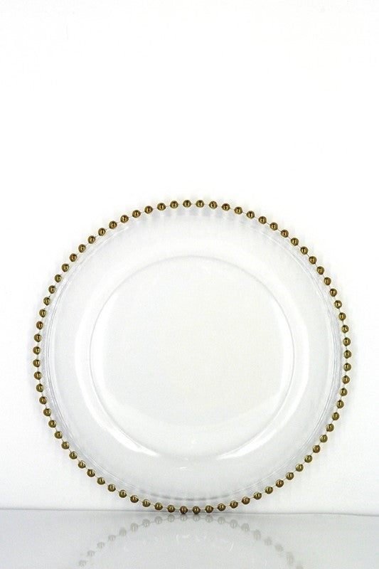 Metallic Bead Glass Charger Plate set of 12, 33cm, features gold or silver electroplated beads for elegant dining.