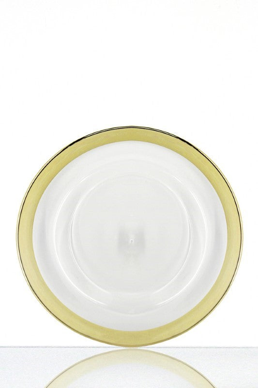 Set of 12 metallic rim glass charger plates, 33cm diameter, elegant design perfect for enhancing dining experiences.