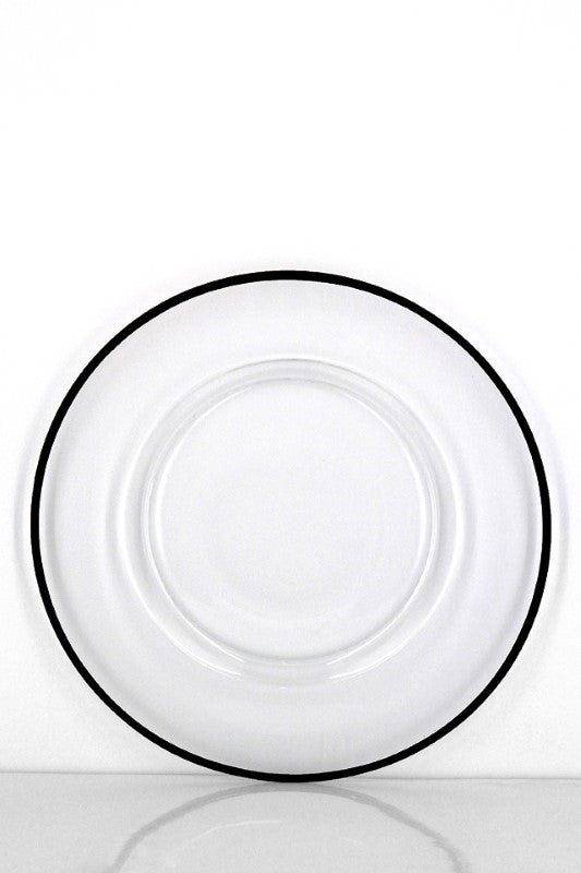 Elegant Fine Rim Glass Charger Plate with a stylish 5mm black rim, perfect for enhancing table settings at any occasion.