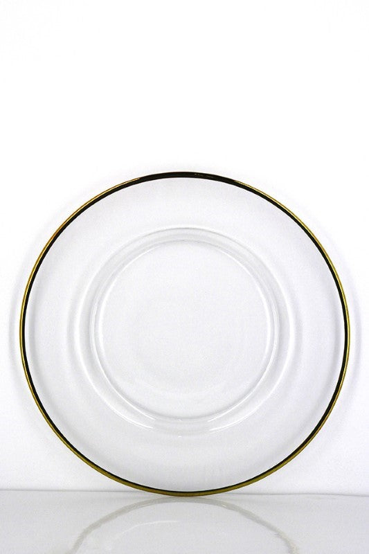 Metallic rim glass charger plate, 33cm, with elegant gold or silver trim, perfect for enhancing dining aesthetics.
