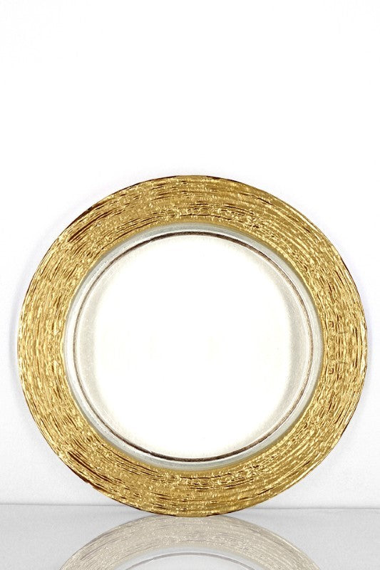 Stylish 33cm glass charger plate with a textured gold rim, perfect for elegant table settings and easy to clean.