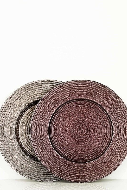 Set of 12 elegant metalized glass charger plates, 33cm, enhancing any dining experience with luxury and style.