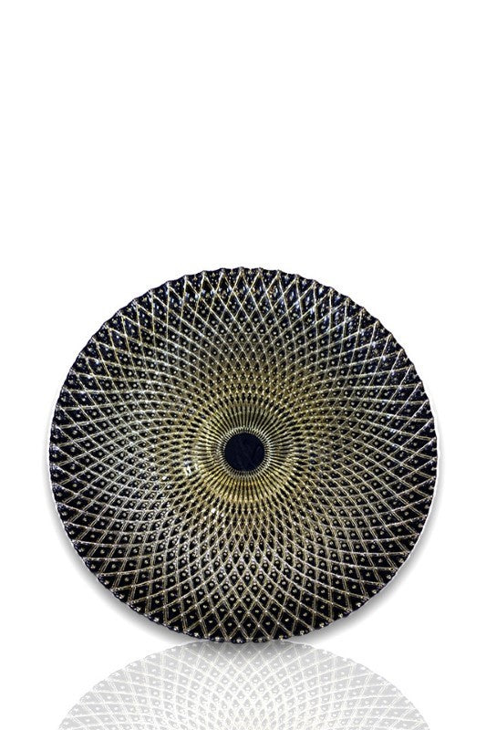 Fine Diamond Glass Charger Plate Set of 12 featuring elegant black and gold diamond pattern, perfect for enhancing any table setting.