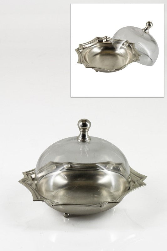 Elegant scalloped butter dish with dome in pewter finish, perfect for serving and keeping butter fresh.