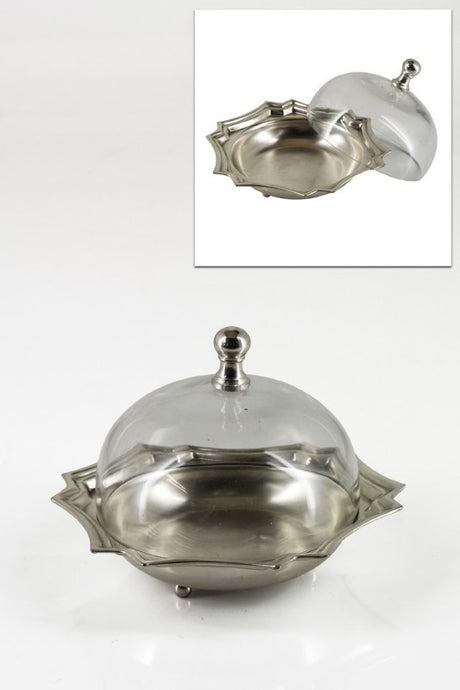 Elegant scalloped butter dish with dome in pewter finish, perfect for serving and keeping butter fresh.