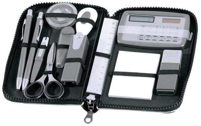 Oxford Stationery Set: 13-piece kit in a zippered case, featuring pencil, pen, calculator, and accessories for study and work.