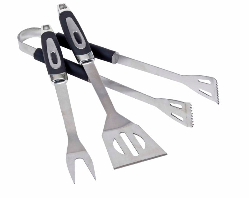Premium BBQ Grill Tool Set with stainless steel spatula, fork, tongs, and stylish carry bag for outdoor cooking.