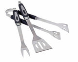 Premium BBQ Grill Tool Set with stainless steel spatula, fork, tongs, and stylish carry bag for outdoor cooking.