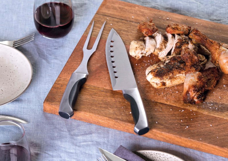 Premium 3-piece stainless steel carving set in a black MDF box, including chef's knife, carving fork, and sharpener.