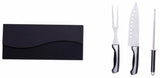 Premium 3-piece stainless steel carving set with chef's knife, carving fork, and sharpener in a black MDF gift box.