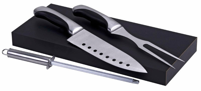 Premium 3-piece stainless steel carving set in a black MDF box, including an 8" chef's knife, 7" fork, and sharpener.