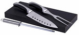 Premium 3-piece stainless steel carving set in a black MDF box, including an 8" chef's knife, 7" fork, and sharpener.