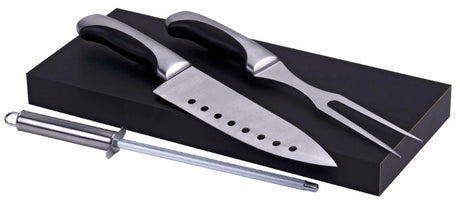 Premium 3-piece stainless steel carving set in a black MDF box, including an 8" chef's knife, 7" fork, and sharpener.