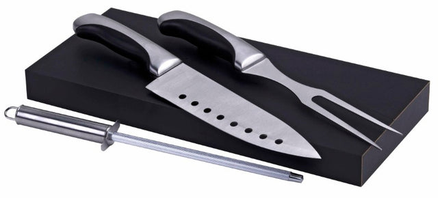 Premium 3-piece stainless steel carving set in a black MDF box, including an 8" chef's knife, 7" fork, and sharpener.