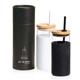 Elegant white Envy Glass Bottle with bamboo lid, silicone sleeve, and matching straw, perfect for stylish hydration on-the-go.