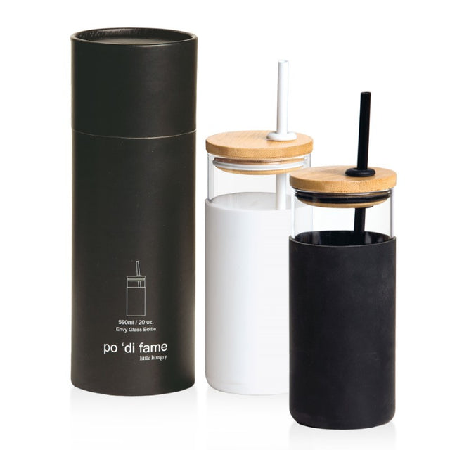Elegant white Envy Glass Bottle with bamboo lid, silicone sleeve, and matching straw, perfect for stylish hydration on-the-go.