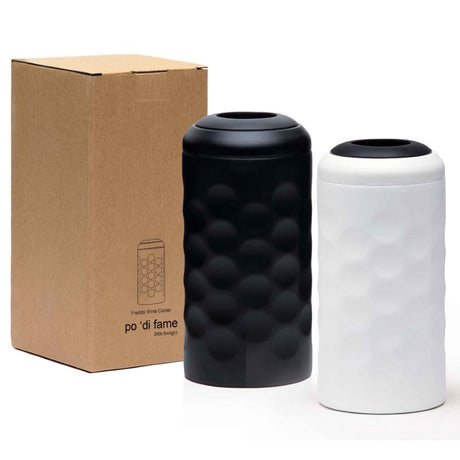 Freddo Wine Cooler in white, crafted from stainless steel, keeps wine cool for 6 hours with a modern dimple pattern and twist-on lid.