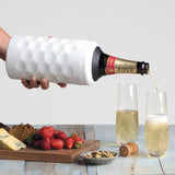 Elegant white wine cooler crafted from stainless steel, vacuum insulated, keeps wine cool for 6 hours with a dimple pattern.