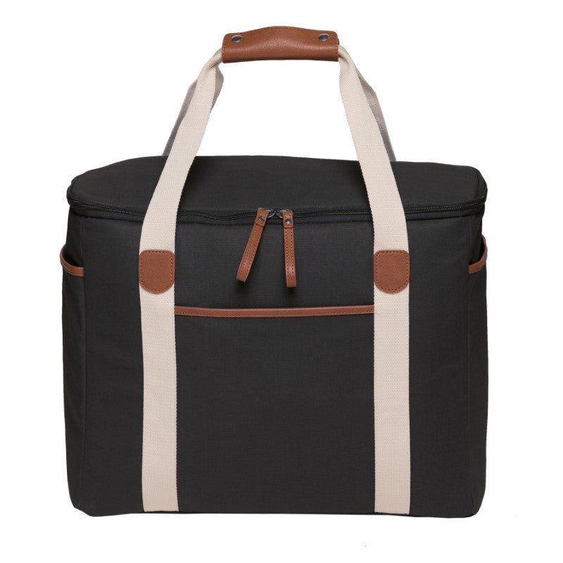 Sleek black Hamptons Cooler made of luxury waxed canvas, featuring 30L capacity, insulated lining, and faux leather trims.