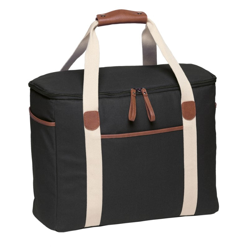 Sleek black Hamptons Cooler made of waxed cotton canvas, featuring insulated compartment, faux leather trim, and durable carry handles.