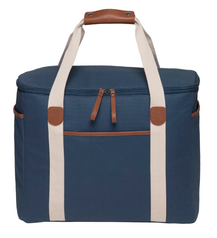 Hamptons Cooler in Dark Blue, featuring waxed cotton, insulated lining, and spacious 30L capacity for outdoor adventures.
