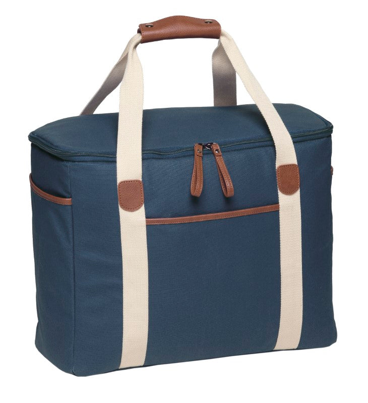 Stylish dark blue Hamptons Cooler made of waxed canvas, with insulated lining, 30L capacity, and faux leather accents.