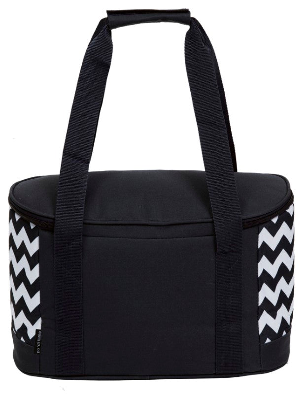 Stylish black and white chevron cooler with 19L capacity, leak-proof lining, and convenient carry handles for outdoor use.