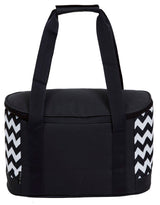 Stylish black and white chevron cooler with 19L capacity, leak-proof lining, and convenient carry handles for outdoor use.