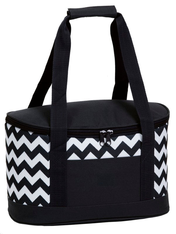 Oasis Chevron Cooler in black and white with 19L capacity, leak-proof lining, zipper opening, and convenient carry handles.