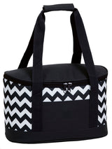 Oasis Chevron Cooler in black and white with 19L capacity, leak-proof lining, zipper opening, and convenient carry handles.