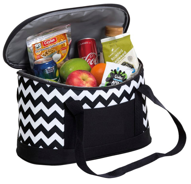 Oasis Chevron Cooler in Black/White with leak-proof lining, 19L capacity, zip opening, and convenient handles for outdoor fun.