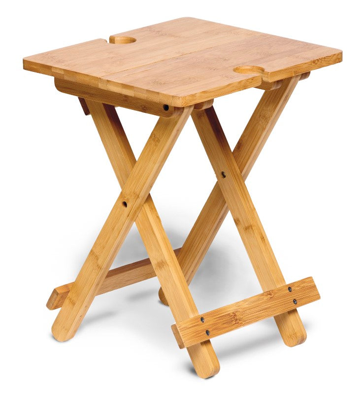 Bamboo foldable table with wine glass holders, perfect for outdoor dining and gatherings, includes a carry bag.